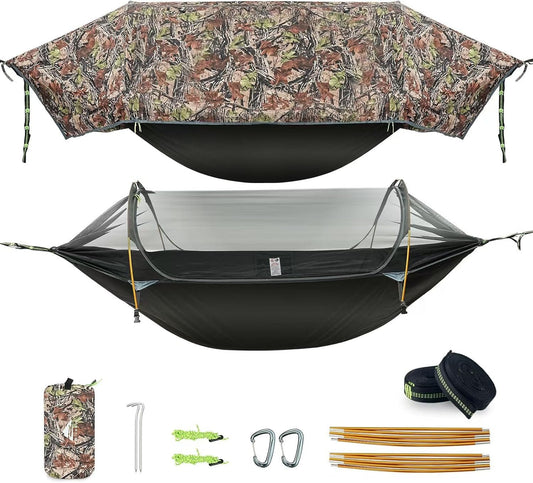 Camping Hammock Tent with Mosquito Net & RainFly, 3 in 1 Waterproof Lightweight Portable Sleeping Hammock Bug Backpacker Travel Outdoor Gear with Tree Strap Swing, for Hiking Patio Expedition (Camo)