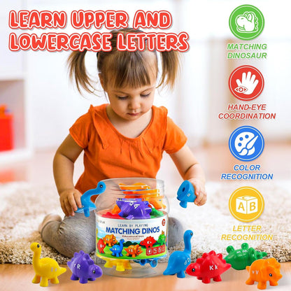 Montessori Learning Toys for Toddlers 1-3, Matching Letters Fine Motor Toy, Double-Sided 26 PCS ABC Dinosaur Alphabet Games for Kids Ages 3-5, Alphabet Learning Dinosaur Set for Kindergarten