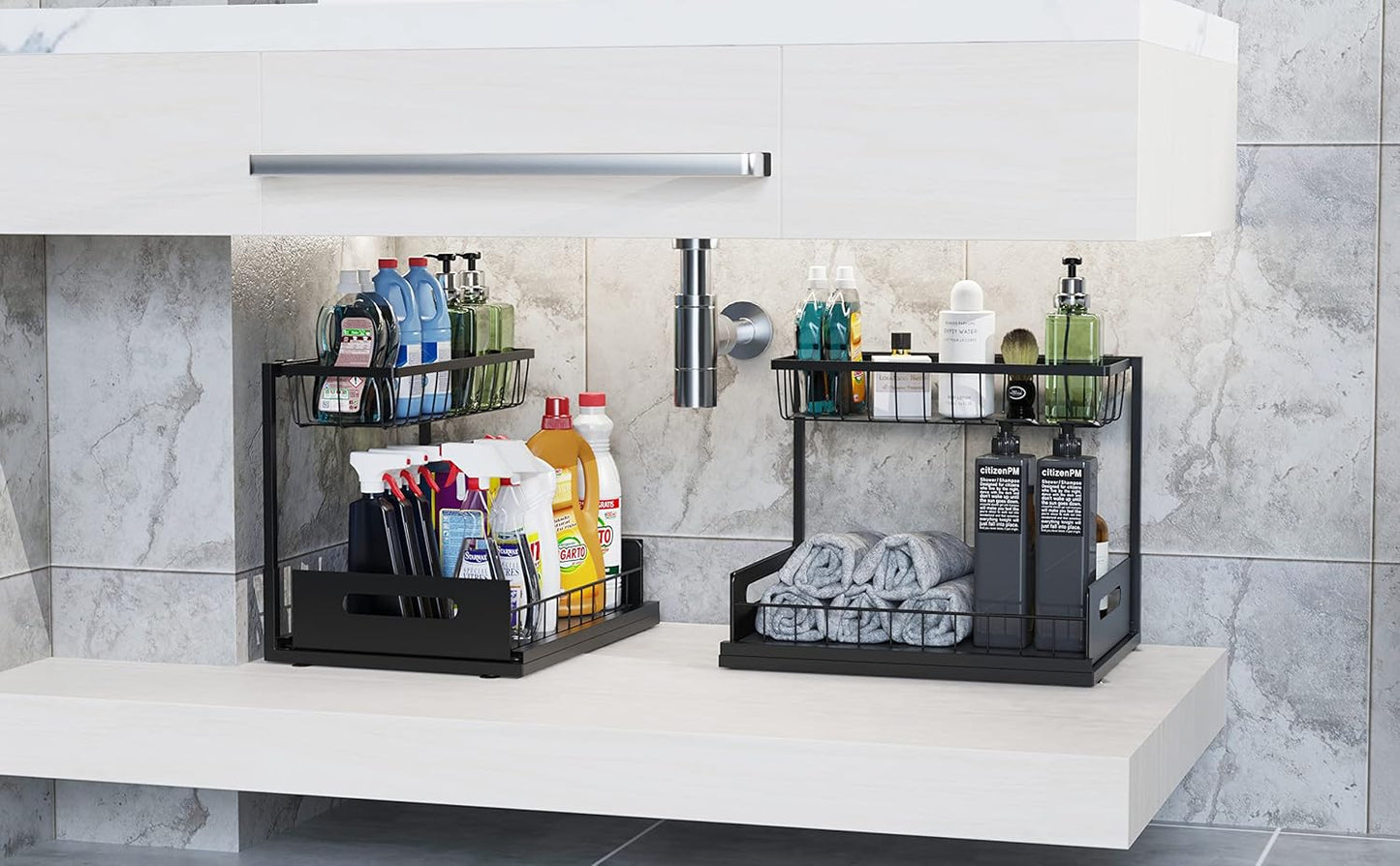 Under Sink Organizer and Storage, 2-Tier Cabinet Storage Shelves Cleaning Supplies Organizers Home Kitchen Bathroom Organization with Pull-Out Sliding Drawer (Black)