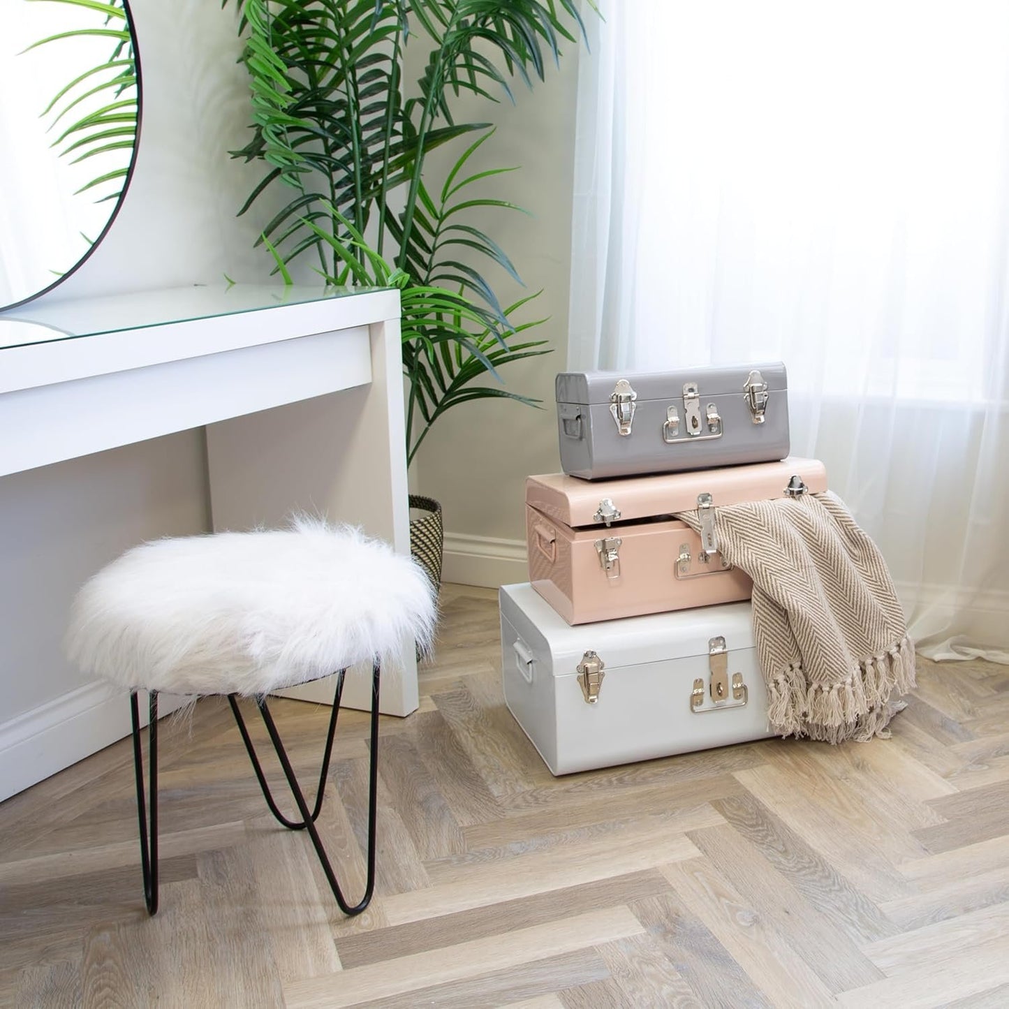 Metal Storage Trunks, Set Of 3, White, Pink & Grey - Storage Chests With Lockable Clasps/Stackable Storage Bedroom, Living Room, Toy Box & Blanket Organiser