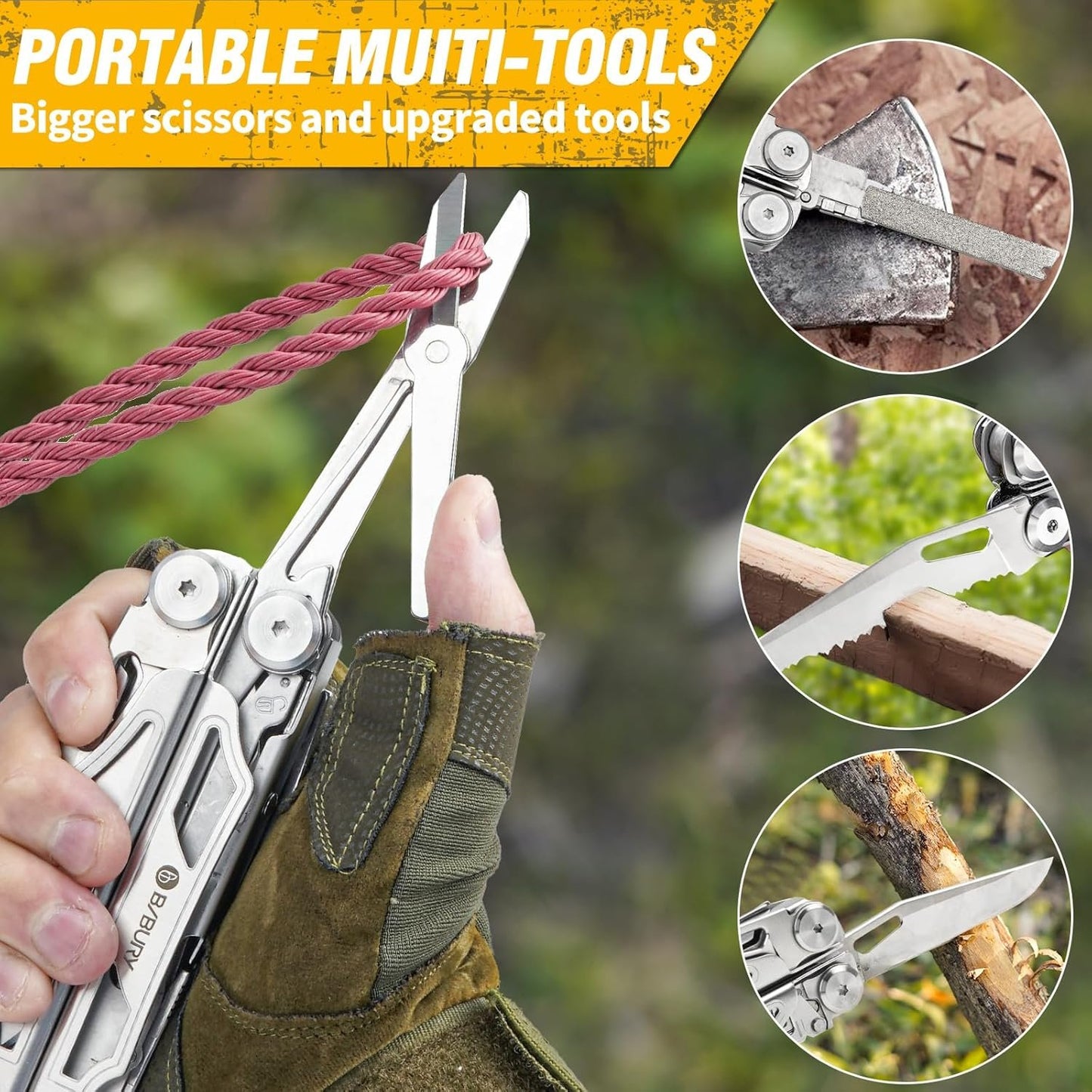 BIBURY Multitool Pliers, Stainless Steel Multi Tool Pliers with Replaceable Wire Cutters and Saw, Foldable Multitools with Scissors and Screwdriver, Ideal for Camping, Hiking, Survival, Gift for Him