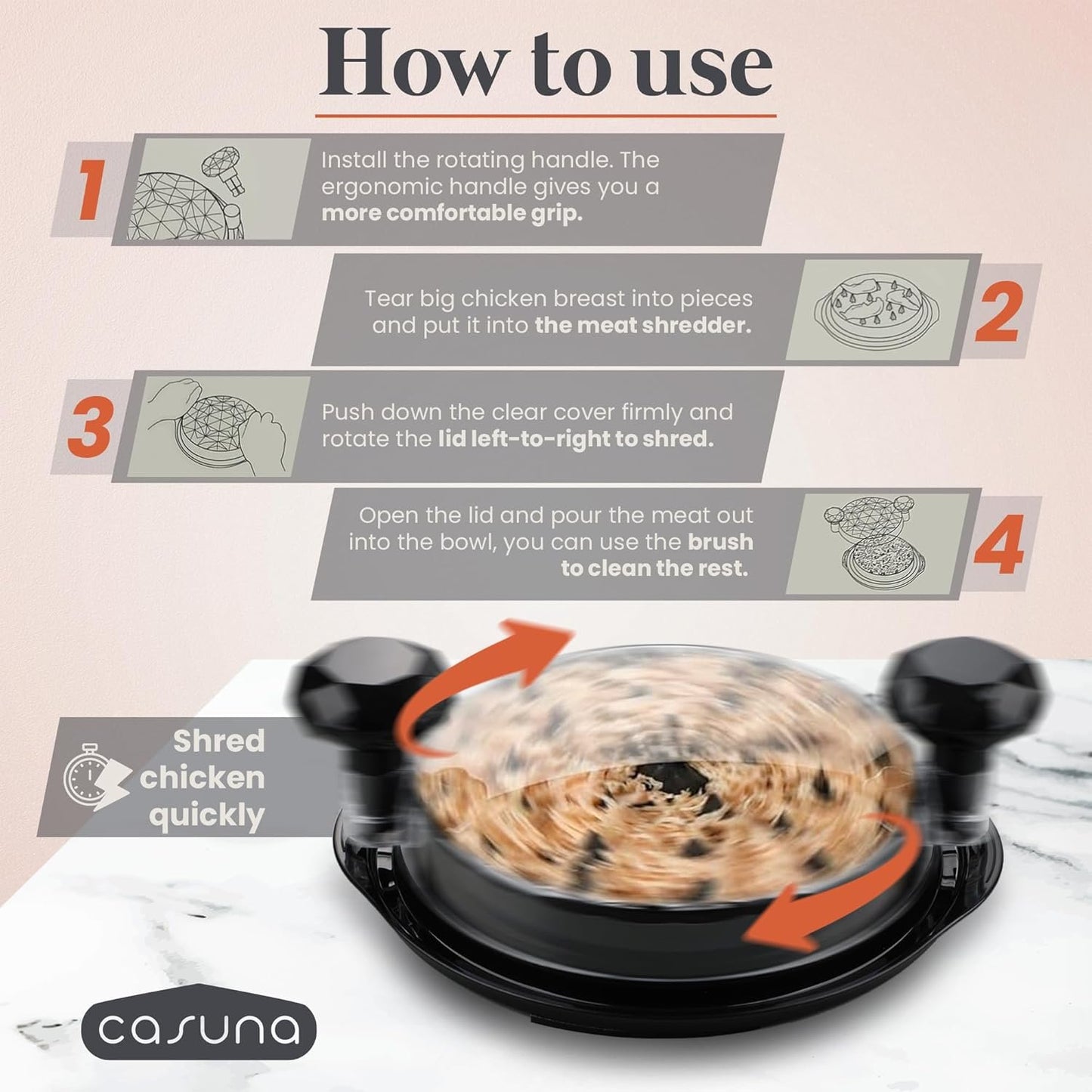 CASUNA Chicken Shredder Tool Twist - Large Meat Shredder Kit with Fork, Clip, Brush - BPA-Free, Anti-Slip Base, Dishwasher-Safe, Ergonomic Handle for Easy Meal Prep