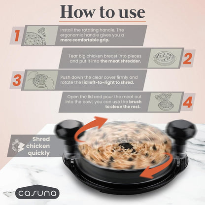 CASUNA Chicken Shredder Tool Twist - Large Meat Shredder Kit with Fork, Clip, Brush - BPA-Free, Anti-Slip Base, Dishwasher-Safe, Ergonomic Handle for Easy Meal Prep