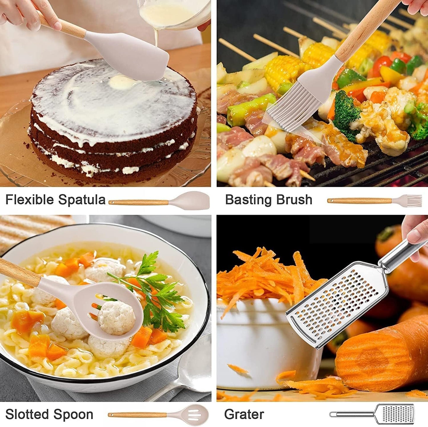 34 Pcs Silicone Kitchen Utensils Set Heat Resistant with High Quality Stainless Steel Handles for Cooking and Baking, Non-Stick Spatulas, Kitchen Utensils (Khaki)
