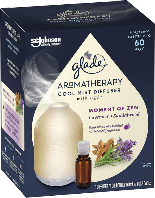Glade Aroma Diffuser, Infused with Essential Oils, Lavender and Sandalwood Home Fragrance, 1 Count, Plastic Core Material, Purple LED Light, Wooden Design for Small to Medium Rooms