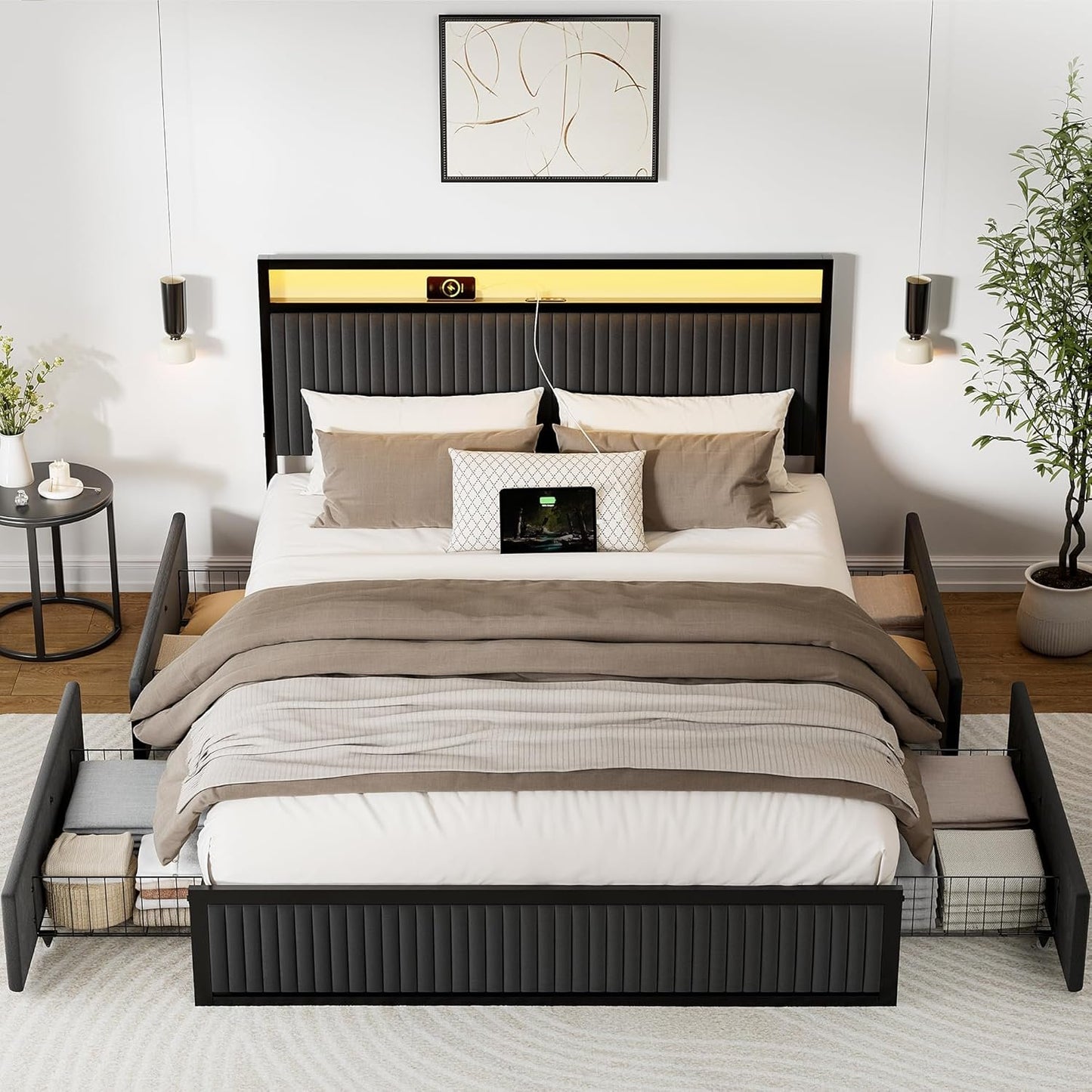 ROLETALENT Full Bed Frame with 4 Storage Drawers and Headboard Upholstered Bed Frame Full Size with Charging Station & LED Velvet Platform Bed Frame Metal Support No Box Spring Needed Dark Grey