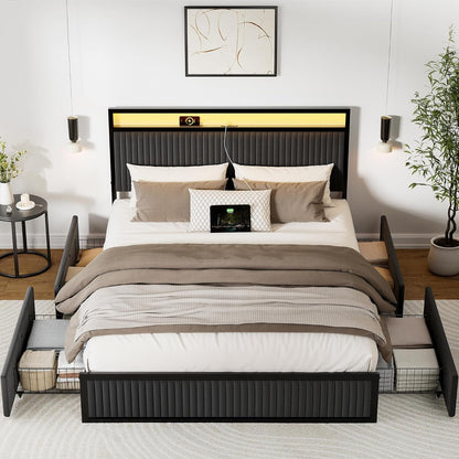 ROLETALENT Full Bed Frame with 4 Storage Drawers and Headboard Upholstered Bed Frame Full Size with Charging Station & LED Velvet Platform Bed Frame Metal Support No Box Spring Needed Dark Grey