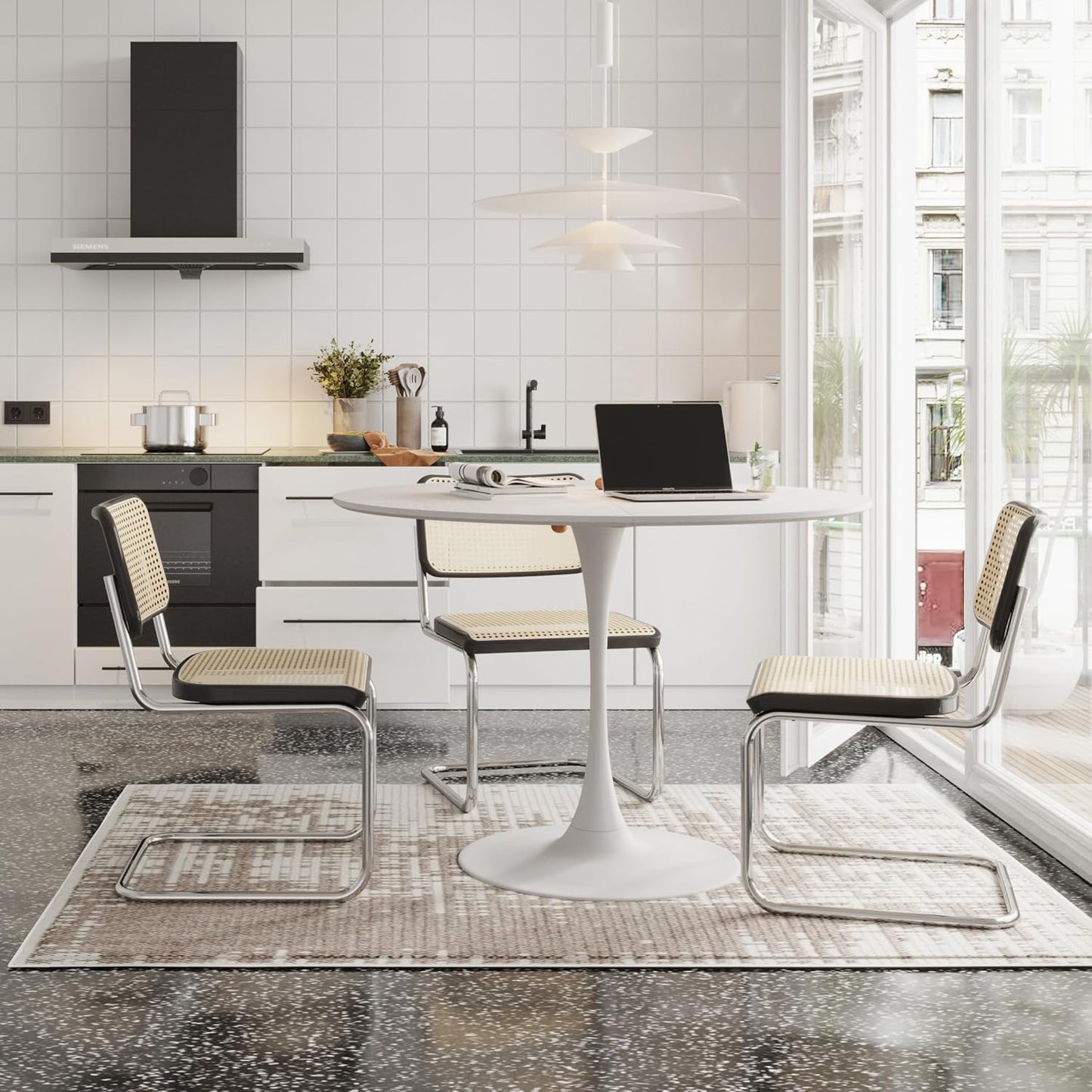 47.24" Modern Round Dining Table, Four Patchwork Tabletops with White Color Solid Wood Grain Table Top, Metal Base Dining Table, End Table Leisure Coffee Table