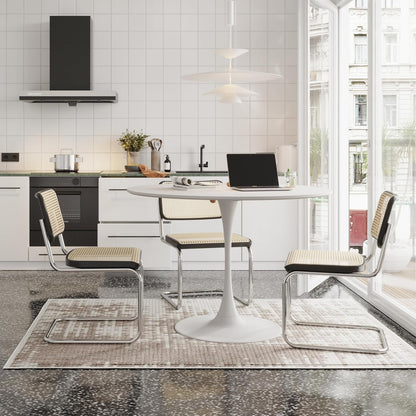 buiesjole 47,24" Modern Round Dining Table, Four Patchwork Tabletops with White Color Solid Wood Grain Table Top, Metal Base Dining Table, End Table Leisure Coffee Table