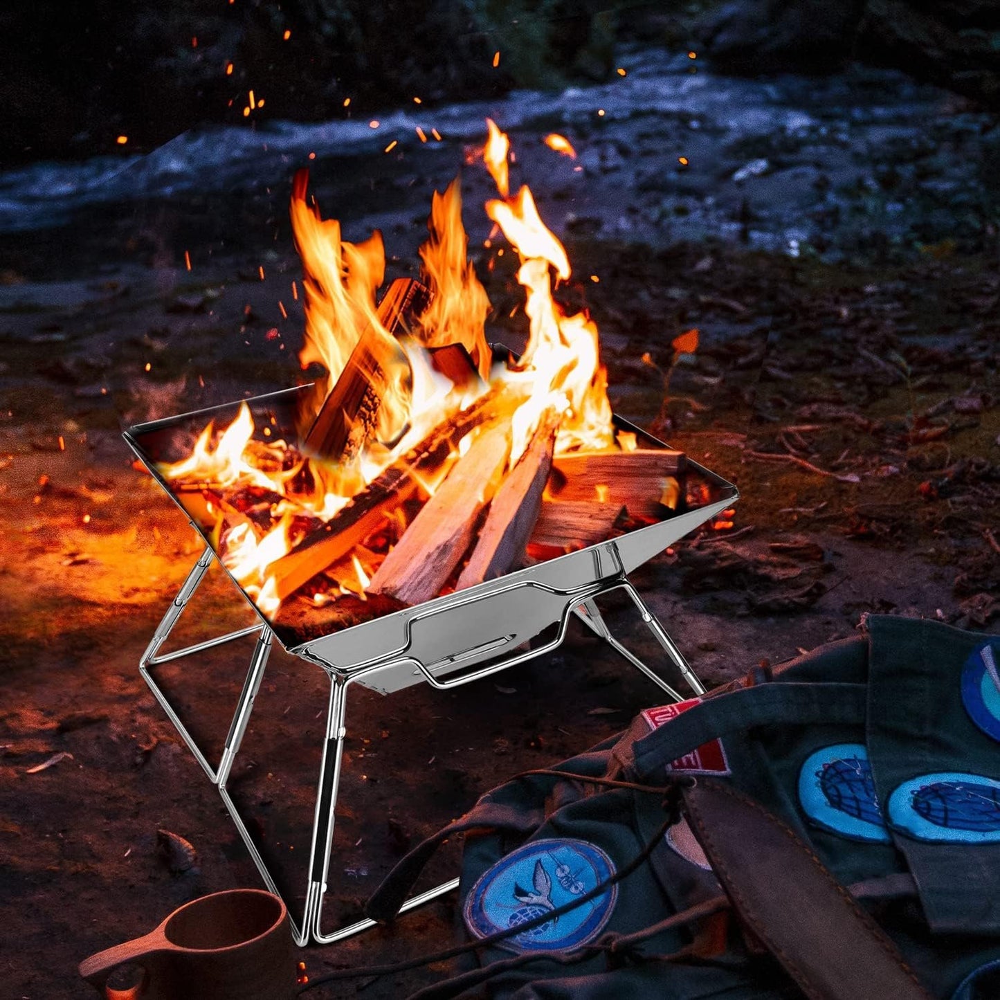 Odoland Collapsible Campfire Grill Camping Fire Pit, 304 Stainless Steel Grill Gate, Portable Camping Grill with Carrying Bag for Outdoor Backpacking Hiking BBQ