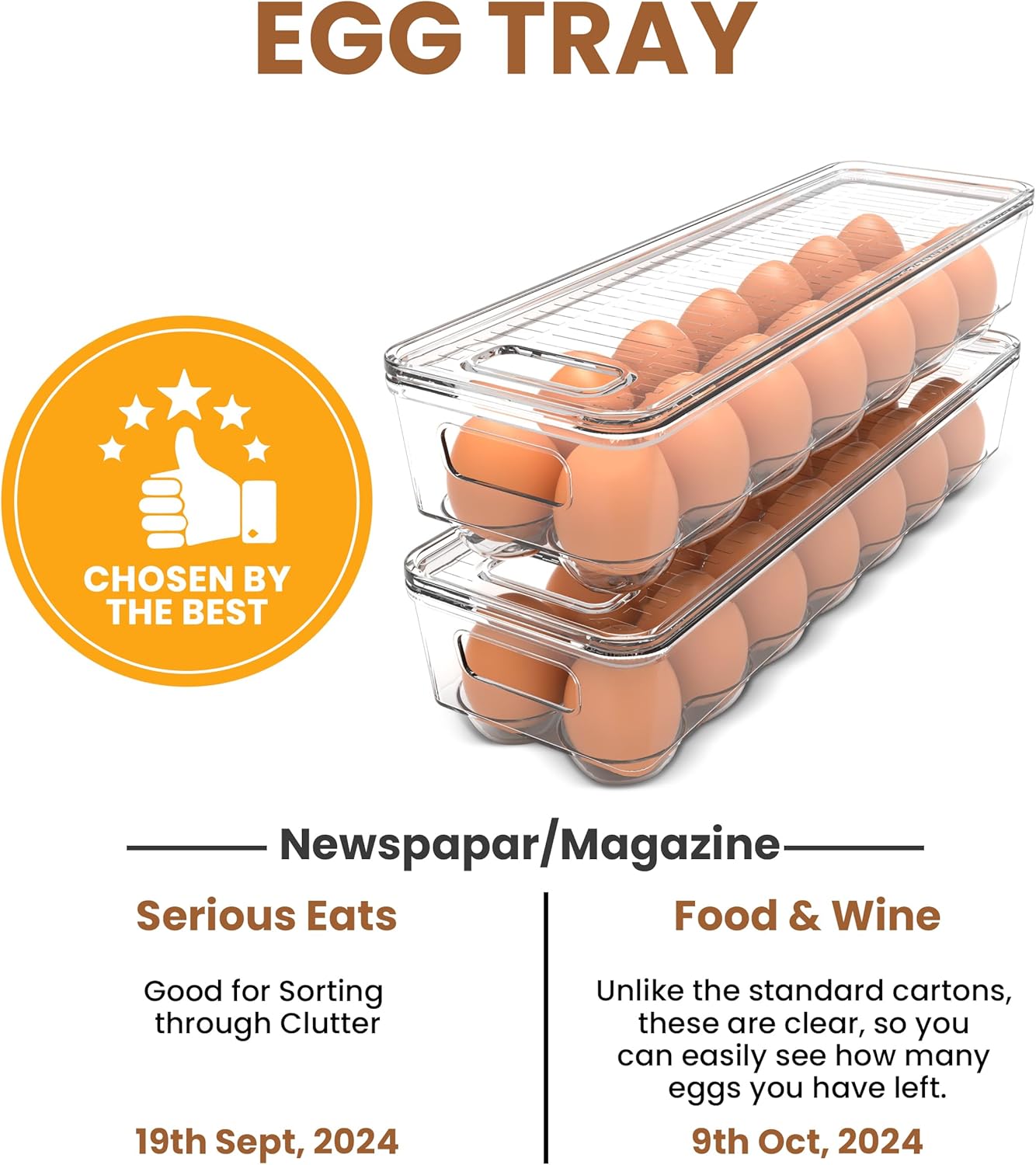 Utopia Home Egg Container With Lid and Handle for Refrigerator - Pack of 3 - Clear Stackable Egg Holder for Kitchen Storage and organization