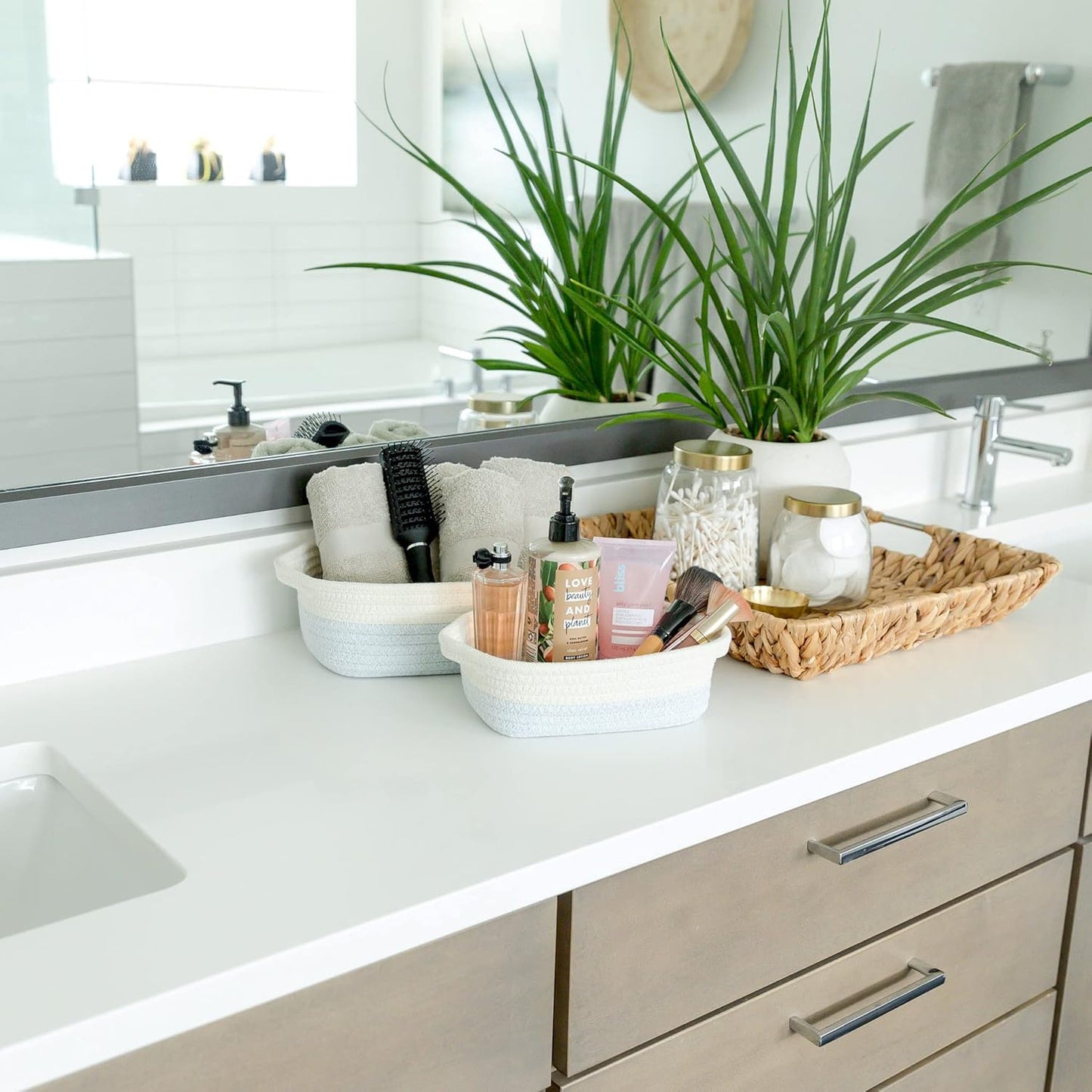 NaturalCozy 5-Piece Rectangle Storage Basket Set- Natural Cotton Rope Woven Baskets for Organizing! Small Basket for Montessori, Baby Nursery, Dog Toy Baskets, Cat Toy Box, Bathroom Organization Bin