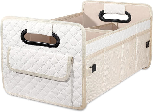 JiatuA Car Trunk Organizer for SUV, Car Storage Organizer Collapsible Multi Compartment Container Box Adjustable Car Accessories for Women Men, Beige