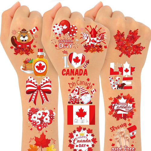 Konsait 72 Pcs Canada Day Tattoos, Red and White Maple Leaf Temporary Tattoos Kids Adults Happy Canada Day Decorations Canadian Flag Fake Tattoo Stickers Patriotic Party Favor Body Makeup Accessories