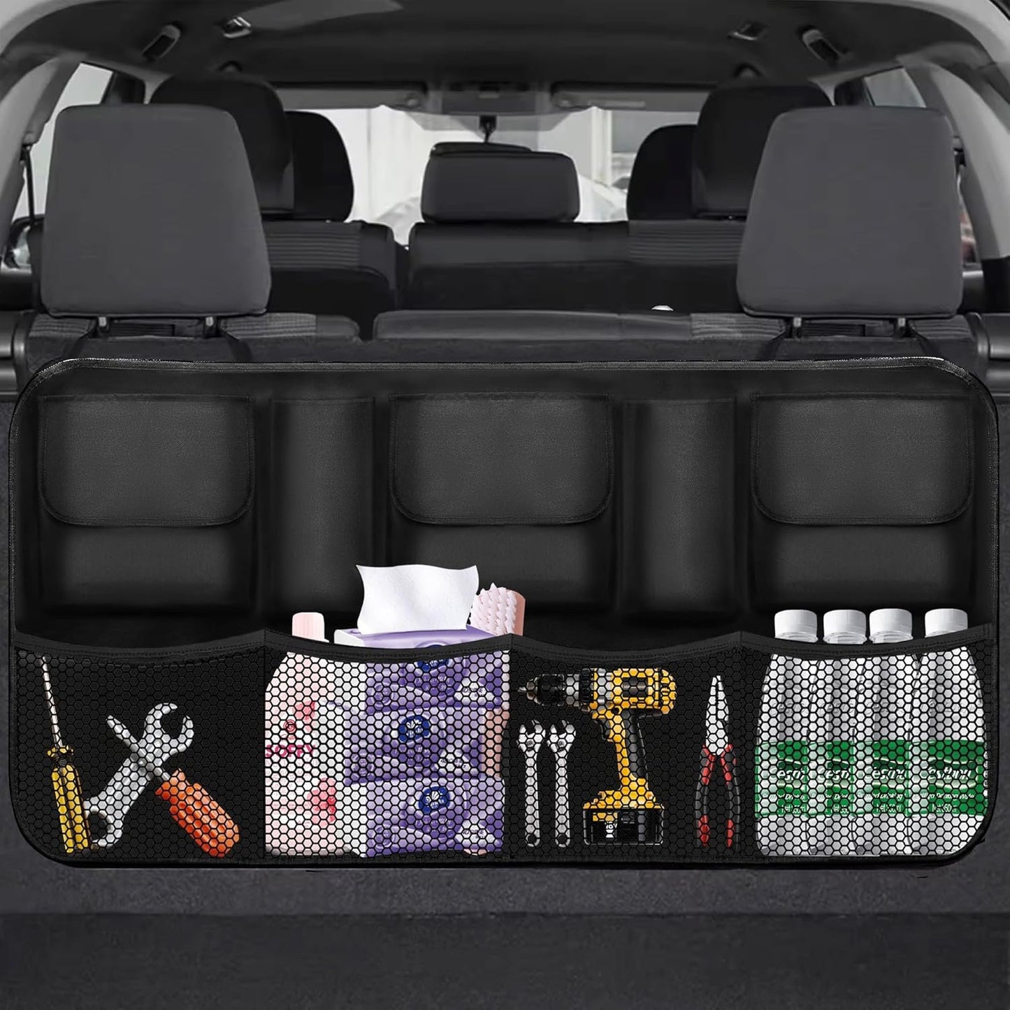 LXS Car Trunk Organizer, Large Capacity Backseat Bag Organizer Car Accessories, Equipped with 5 Pockets & 4 Mesh Pouches for Groceries(42"*20"), Hanging Trunk Organizer for SUV/MPV/Truck