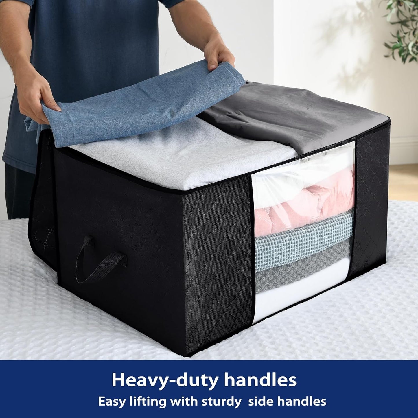 Storage-Bags-for-Clothes Bedding Storage Containers with Zipper Lids, Closet Collapsible Clothing Bins for Linen Blanket, 6 Pack, 90L, Black