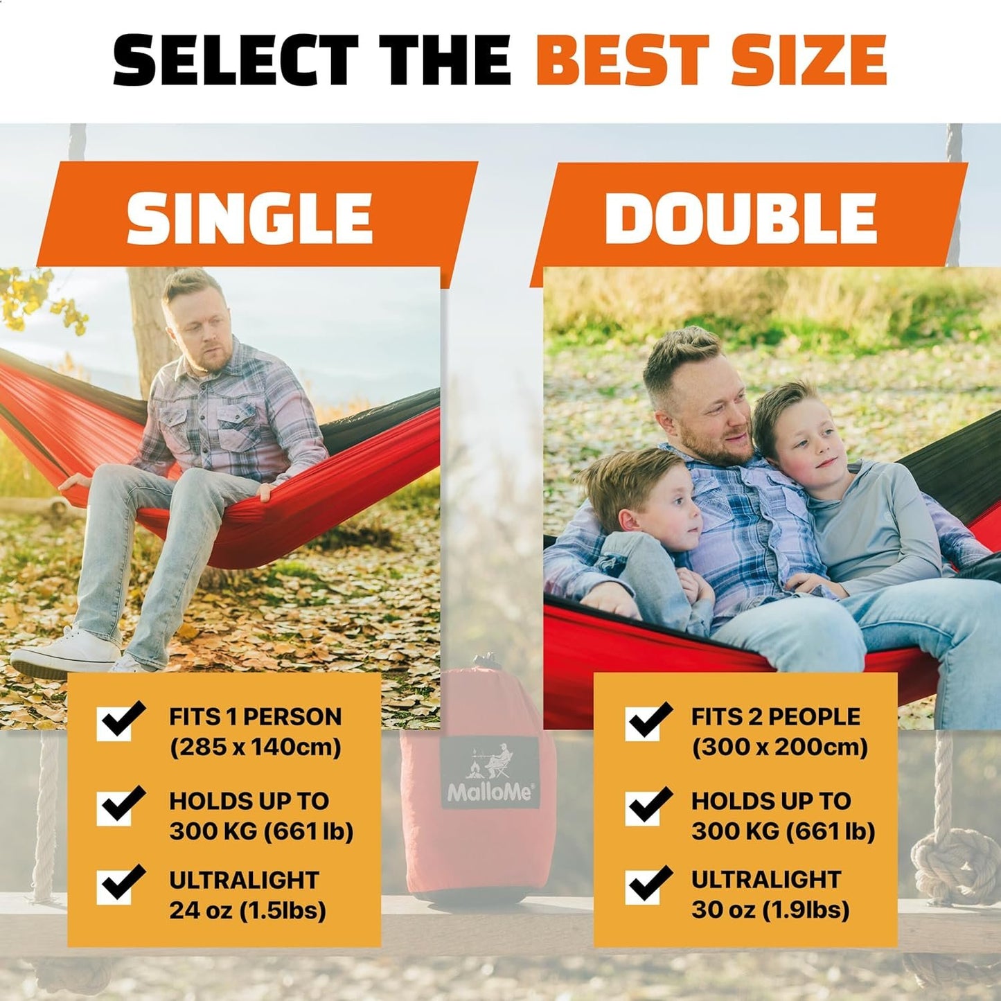 MalloMe Camping Hammock with Straps - Portable Outdoor Hammock for Adults, Kids - Double Hamac - 2 Person Hammocks - Tree Hamac Swing with Accessories - Hamock Tent for Travel - Hammocks for Outside