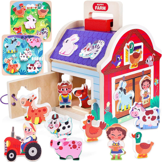 Toddler Montessori Wooden Farm Animal Toys for 1 2 3 Year Old Girls Boys, Sorting Barn Toy with Blocks Puzzles, Baby Shape Sorter Learning Toys, Christmas Birthday Gifts for Toddlers 1-3