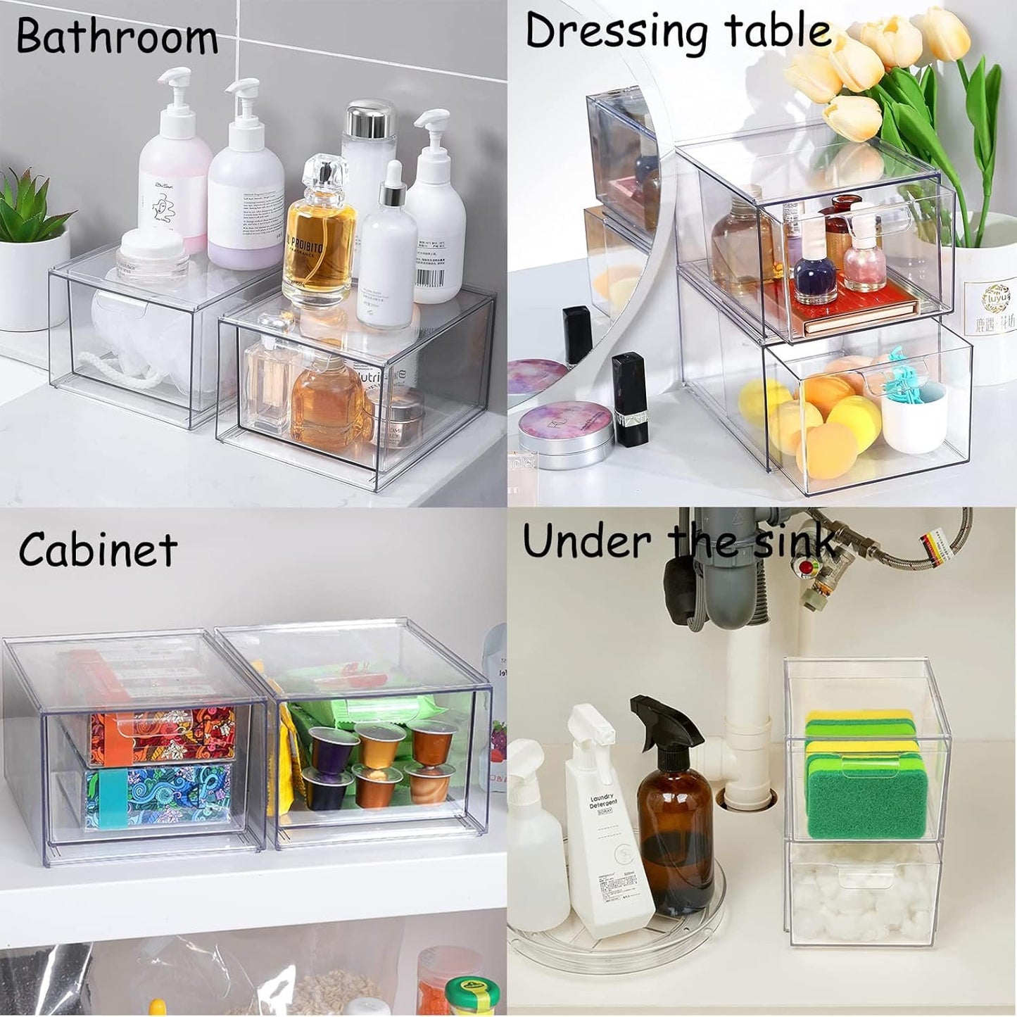 YIEZI Stackable Makeup Organizer Storage Drawers, 4.4'' Tall Acrylic Bathroom Organizer，Clear Plastic Storage Bin for Vanity, Under Sink, Kitchen Cabinets, Pantry Storage and Home Organization, 4 Pack