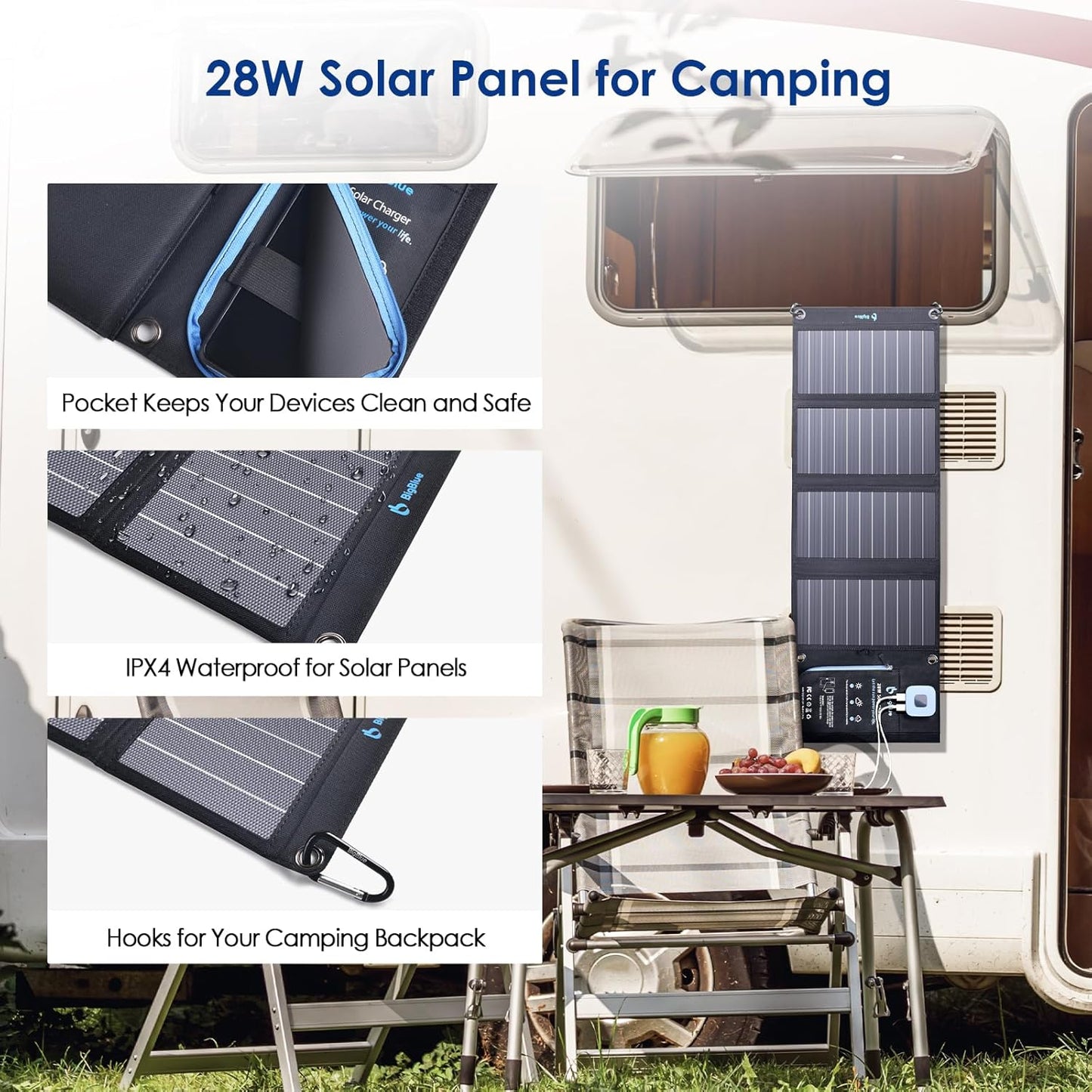 Solar Panels Charger with Digital Ammeter, BigBlue 28W SunPower Camping Solar Panel, Dual USB(5V/4A Overall), IPX4 Waterproof, Compatible with iPhone 13/11/Xs/X/8/7, iPad, Samsung Galaxy, Google Pixel