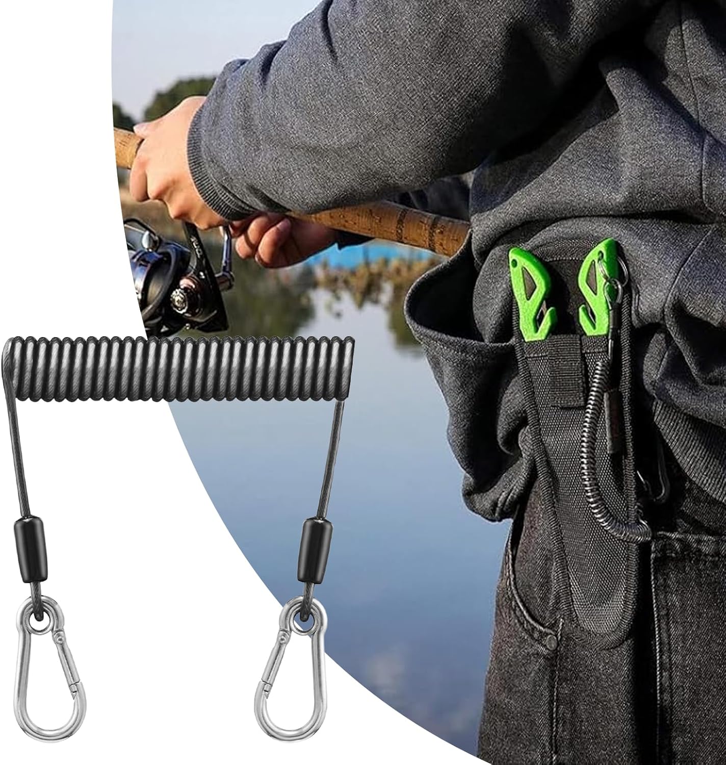 Fishing Coiled Lanyard, Stainless Steel Telescopic Hook Cord, Anti-Loss Safety Lanyard For Tools, Mountaineering, Boating, Hiking, Camping, Hunting, Outdoor Gear Attachment