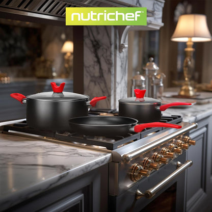 NutriChef, Cookware Set, Bakeware Set, Pots And Pan Set, Kitchen Essentials, Kitchen Utensils Set, 21 Piece Set, Black Nonstick Coating With Red Silicone Handles