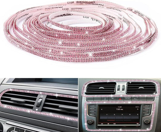 Bling Car Trim Self-Adhesive 16.4Ft, Rhinestone Car Accessories for Women, Car Bling Interior Exterior Decoration, Car Decorations Rhinestone Door Stickers (Pink)