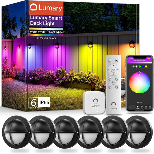 Lumary 6 Pack Smart LED Deck Lights, 12-24V Low Voltage Outdoor Step Lights with Hub, 2200K-6500K RGBCW Color Changing Landscape for Deck, Fence, Post, Stair, Garden, Work with Alexa/Google Assistant