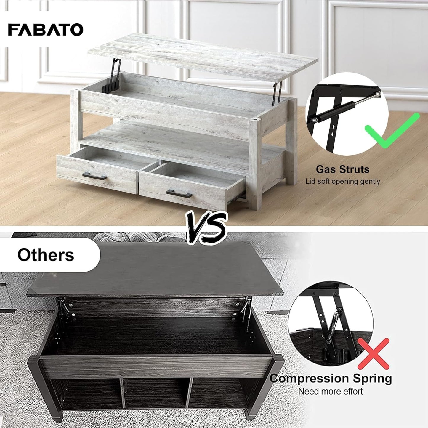 FABATO 47.2 inch Lift Top Coffee Table with Storage Drawers, Hidden Compartment, Large Farmhouse Table Lift Tabletop, Rising Tabletop Dining Table for Living Room Reception Room, Gray
