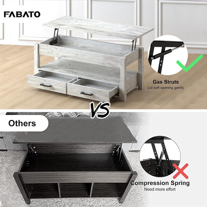 FABATO 47.2 inch Lift Top Coffee Table with Storage Drawers, Hidden Compartment, Large Farmhouse Table Lift Tabletop, Rising Tabletop Dining Table for Living Room Reception Room, Gray