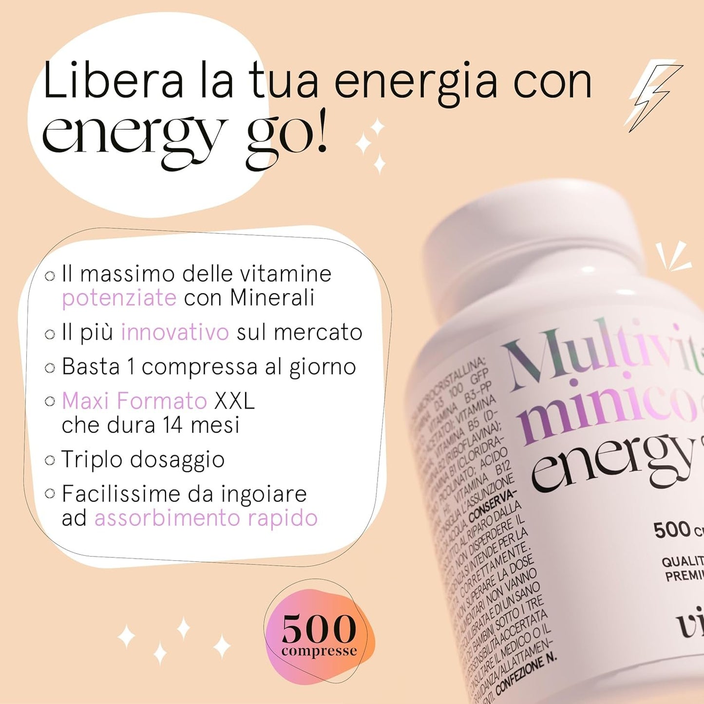 Complete Multivitamin with Minerals (lasts 1 year and 4 months) 500 Super Absorbent Tablets Thanks to the Advanced Micronization Process, Maximum Dosage of Vitamins, Useful for the Whole Family.