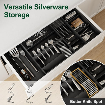 Landmok Large Bamboo Cutlery Organizer, 17.7-29.5 Inch Expandable Utensil Drawer Organizer, 8-Slot Kitchen Drawer Organizer with Removable Card Slots & Knife Block for Spoons Butter Knives, Black