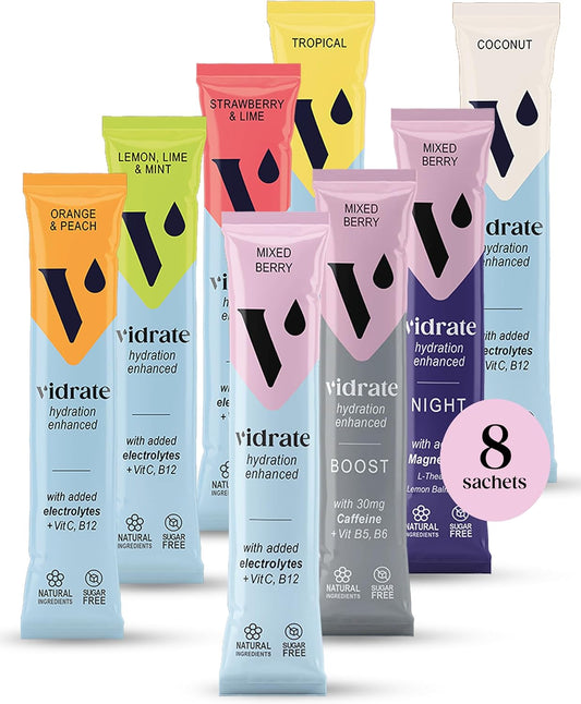 Vidrate Electrolyte Powder Hydration Sachets - Hydration Powder Packs with Vitamins - Zero Sugar, No Artificial Sweeteners or Preservatives - 8 Electrolyte Sachets, Variety Pack