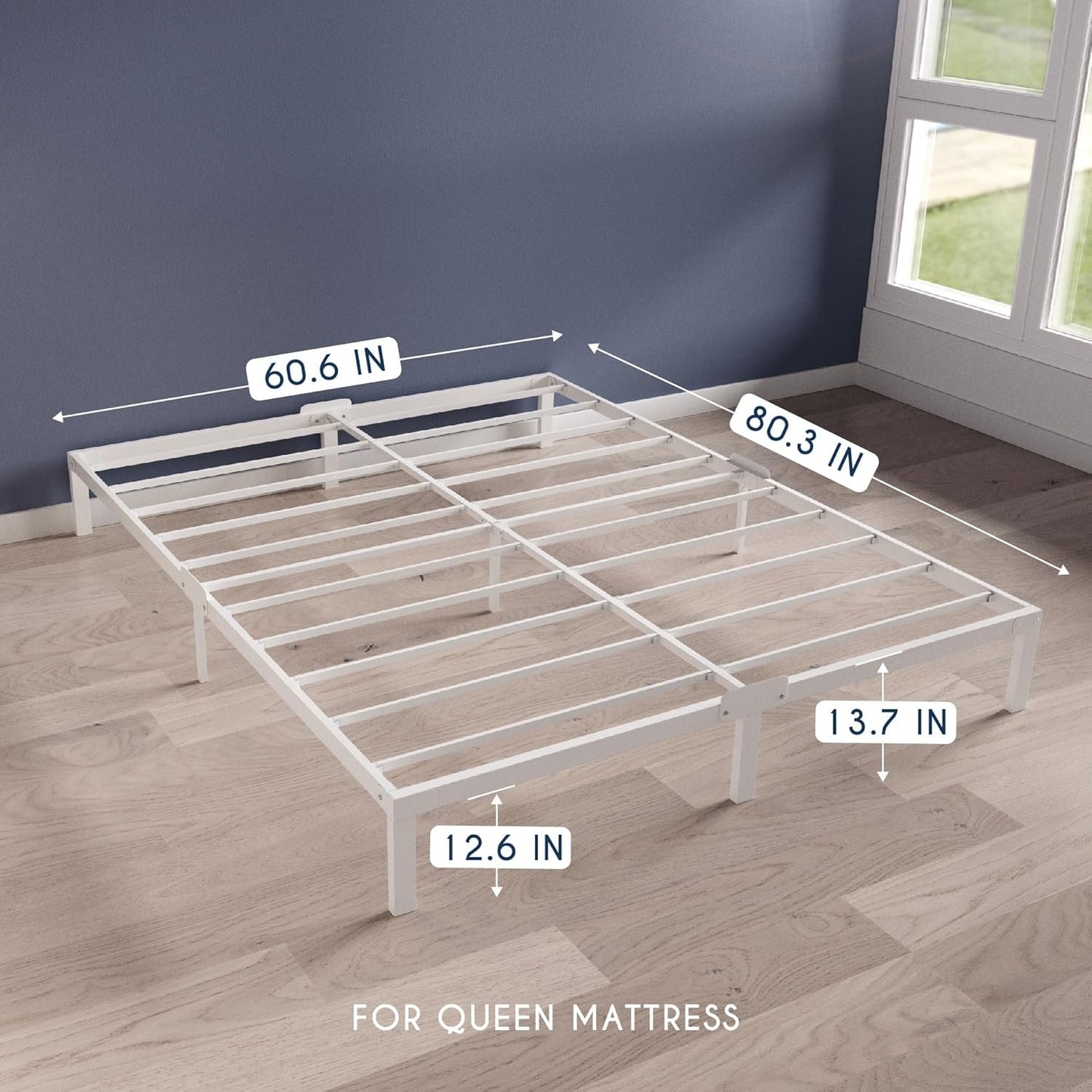 Dreamzie Queen Bed Frame Metal - 14 inch Platform Bed Frame Queen - White - for Double Beds - Sturdy, Easy Assembly, Large Storage Area