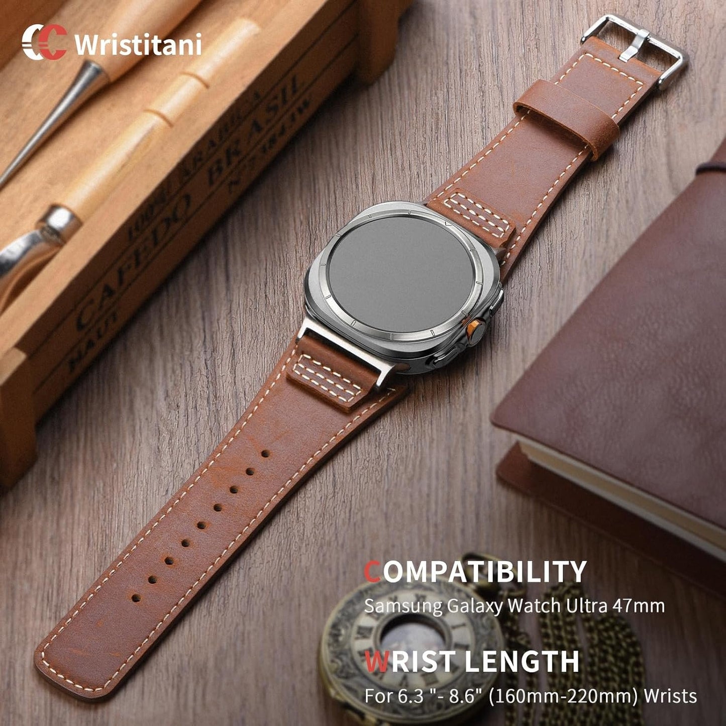 Wristitani Leather Band Compatible with Samsung Galaxy Watch Ultra Bands 7 6 5 4 for Men, Top Genuine Leather Replacement Vintage Strap for 47mm 46mm 45mm 44mm 43mm 42mm 40mm