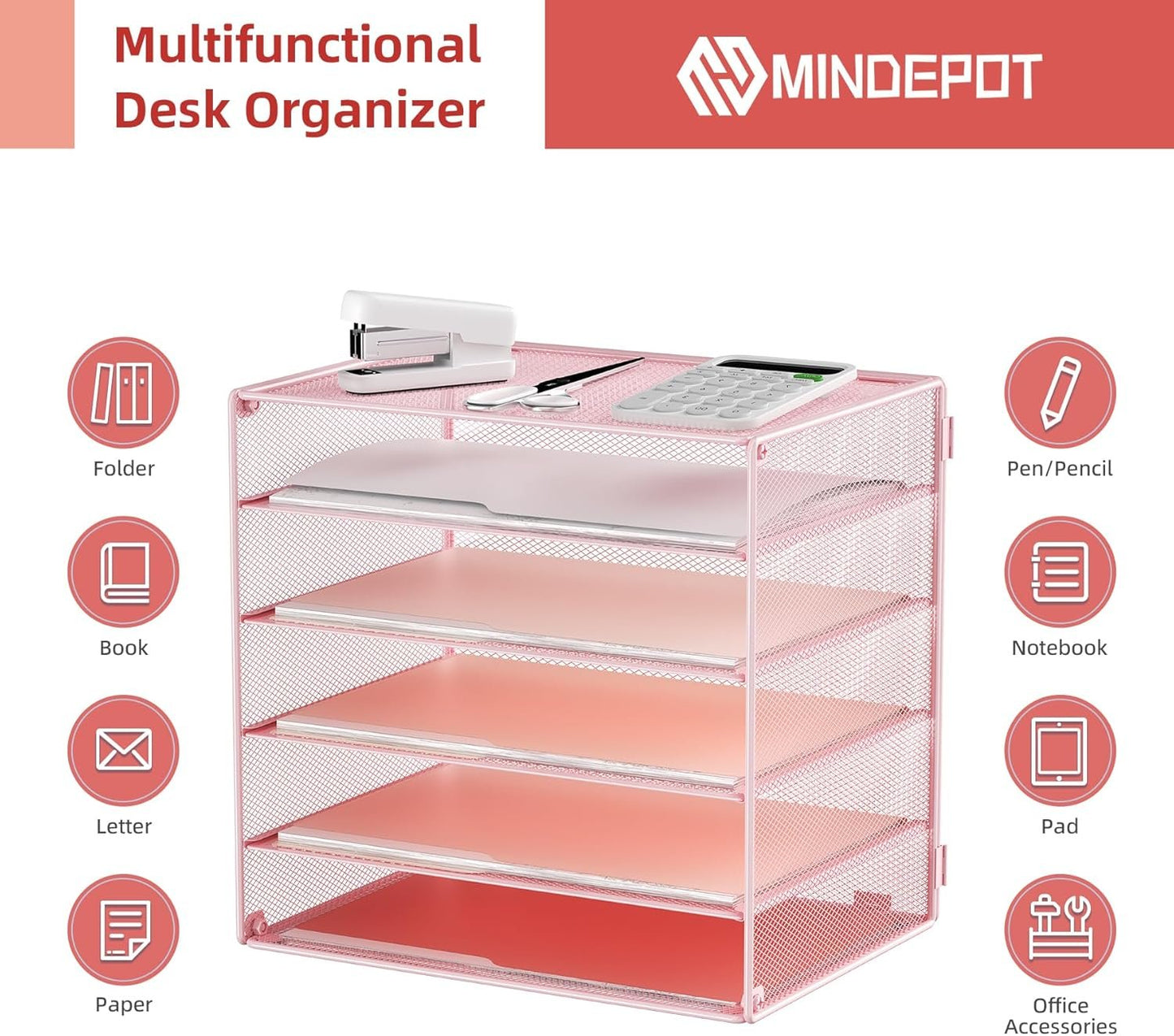 MINDEPOT 6 Tier Desk Organizer Paper Tray, Metal File Holder Desktop Organizers and Workspace Accessories for School Office Organization Storage Rack (1, Pink)