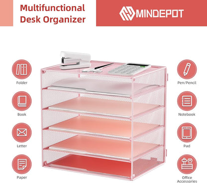 MINDEPOT 6 Tier Desk Organizer Paper Tray, Metal File Holder Desktop Organizers and Workspace Accessories for School Office Organization Storage Rack (1, Pink)