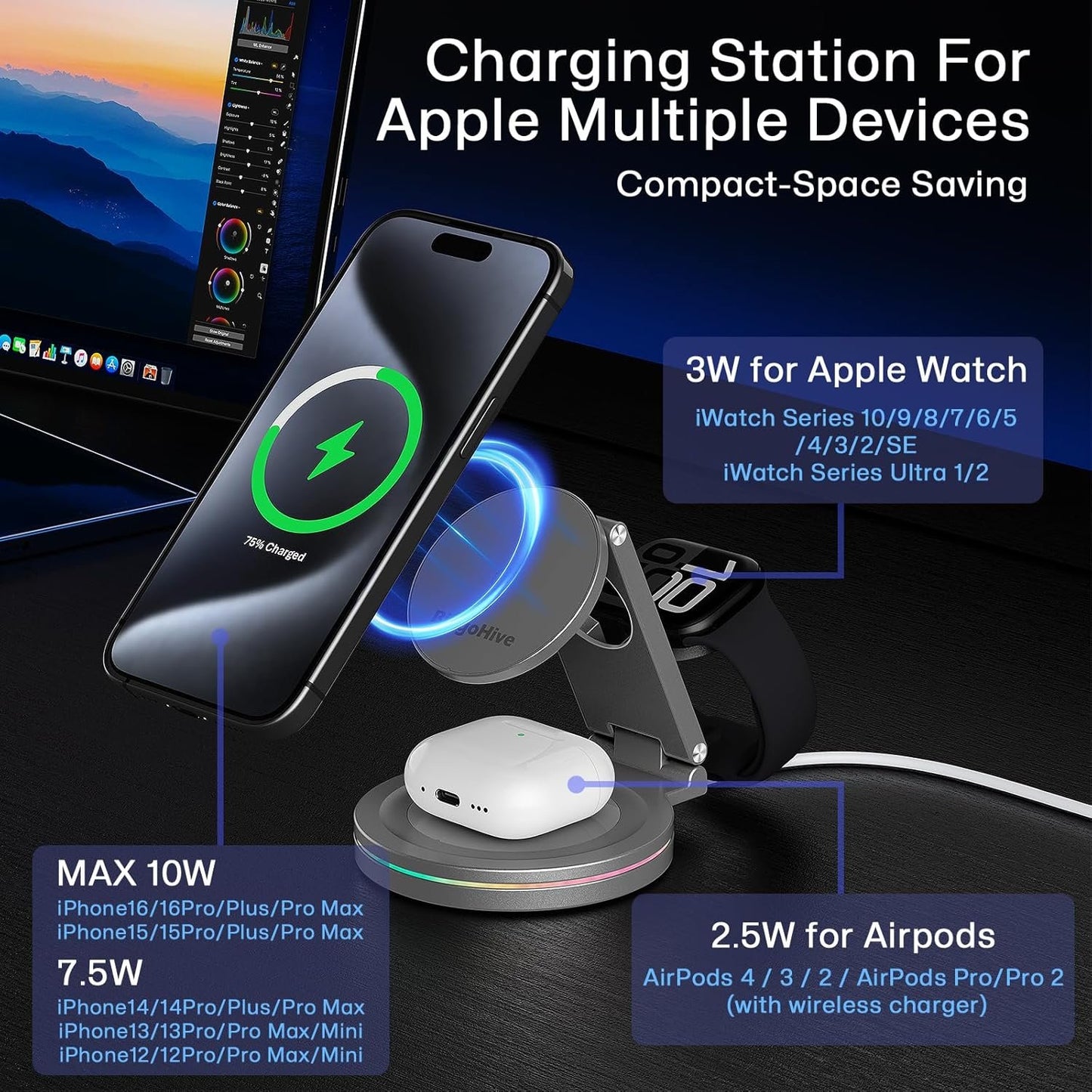 3 in 1 Wireless Charger Station for iPhone & Apple Watch & AirPods, 360 Rotating 10W Fast Charging Station Compatible with iPhone 12-16 Series Zinc Alloy Foldable Charger Stand with Magnetic