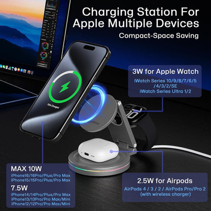 3 in 1 Wireless Charger Station for iPhone & Apple Watch & AirPods, 360 Rotating 10W Fast Charging Station Compatible with iPhone 12-16 Series Zinc Alloy Foldable Charger Stand with Magnetic