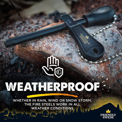 The Friendly Swede Ferro Rod Fire Starter Tool 2-Pack - Flint and Steel Fire Starter Survival Tool with Long Ferro Rod; Weatherproof Camping Fire Starter; Easy Grip Flint and Steel Fire Starter Kit