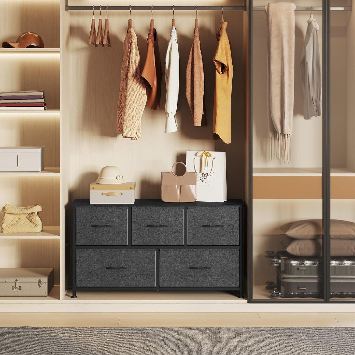 WOLTU Bedroom Chest of Drawers with 5 Drawers with 2 Tiers in Fabric, Industrial Cabinet, Metal and Wood Frame, Wood Effect, Black+Dark Grey, 100 x 30 x 54 cm