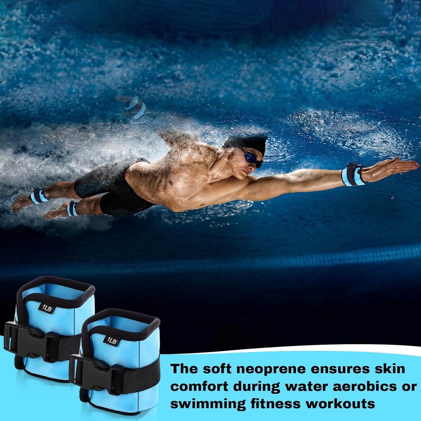 Hollowfly 2 Pairs Ankle Wrist Weights for Dry Land or Aquatic Exercise Aqua Cuffs Aqua Aerobics Fitness Bands for Ankle and Wrist Adjustable Weights for Swimming Pool Workout Equipment 1lb Each