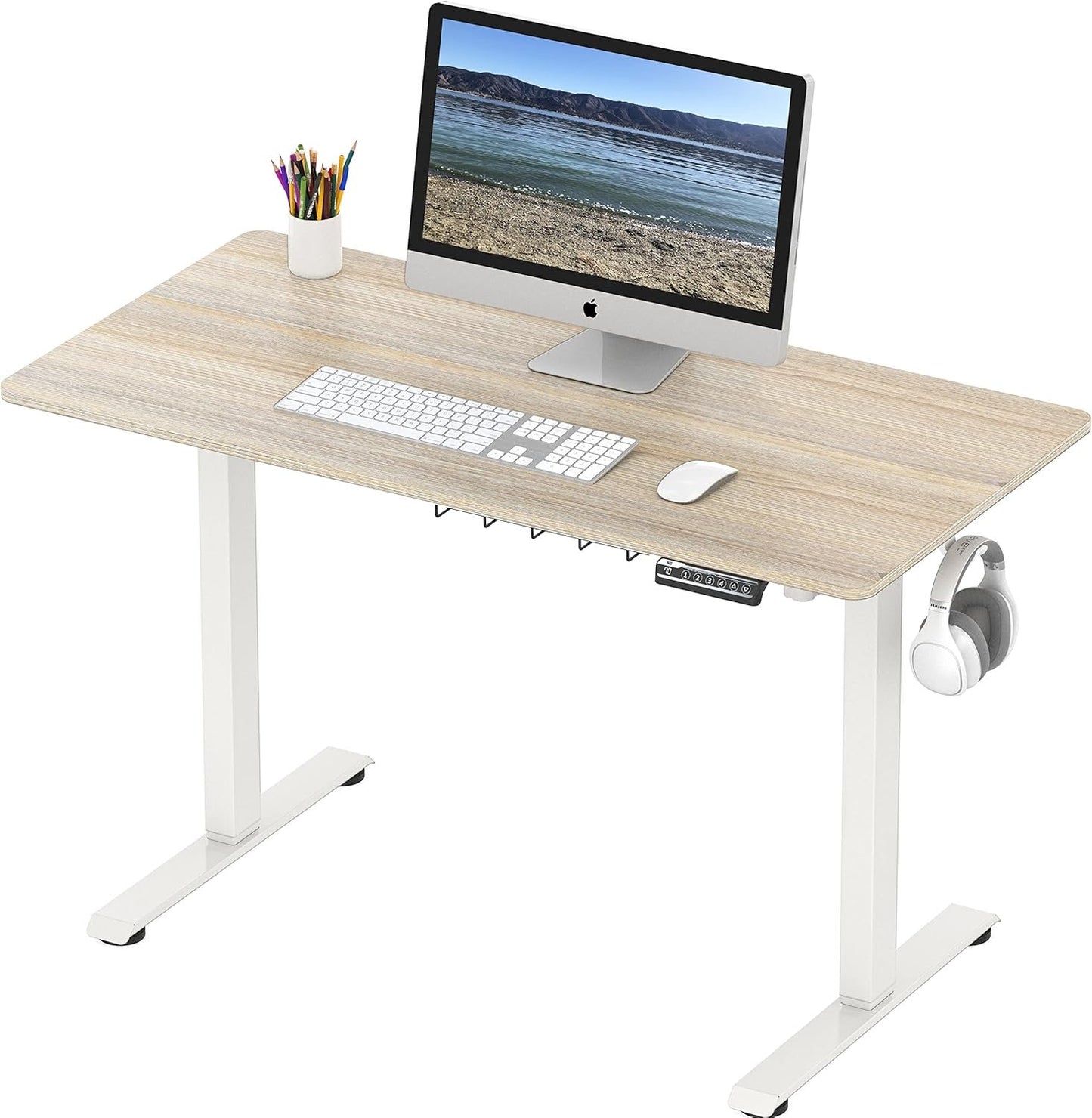 SHW 48-Inch Electric Height Adjustable Sit to Stand Desk with Hanging Hooks and Cable Management, 122 x 60 cm, Maple