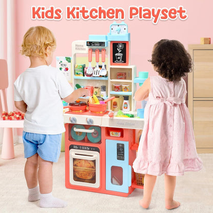 CUTE STONE Pretend Play Kitchen, Water Sink, Stove with Steam&Light&Sound, 63PCS Toy Kitchen Accessories with Toy Food, Pots, Utensils, Kids Kitchen Play Set, Ideal Gift for Boys Girls Toddlers(Pink)