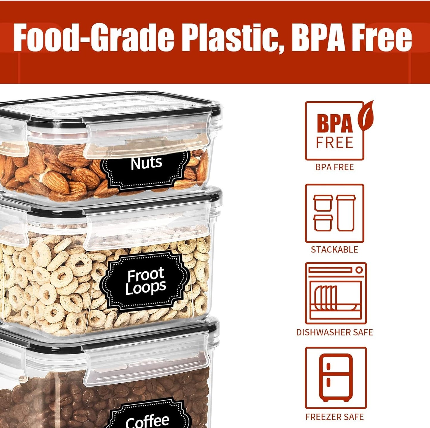 PRAKI 30 Pack Airtight Food Storage Containers for Kitchen Pantry Organizers and Storage, BPA-Free, Plastic Storage Canisters with Lids-Cereal, Flour and Sugar, Include 40 Labels, 6 Spoon & Marker