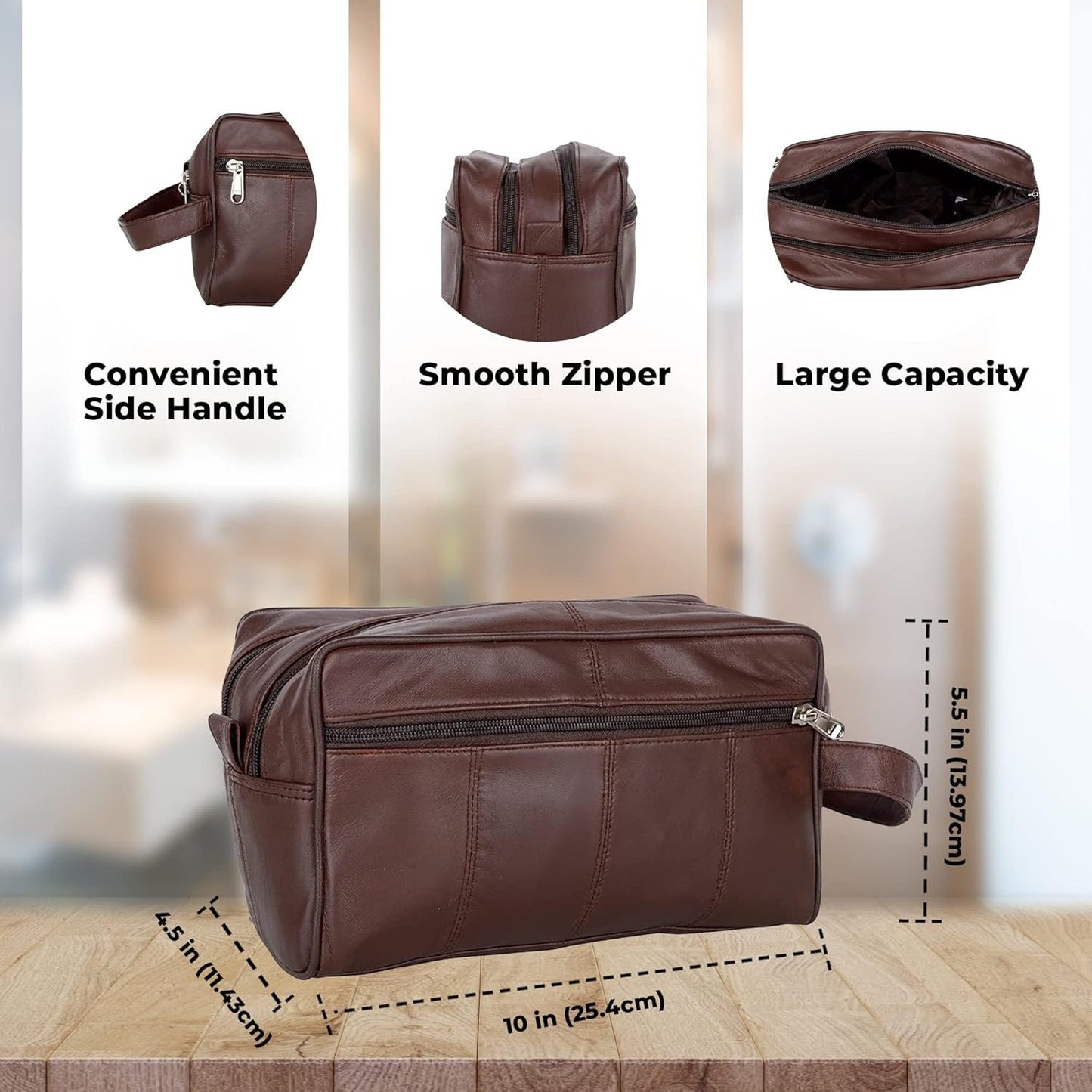 Liberty Leather- Brown Genuine Leather Toiletry Travel Bag for Men and Women, Dopp Kit, Bathroom Organizer Shaving Bag, Cosmetic Bag for Women, Hygiene and Grooming Kit Organizer