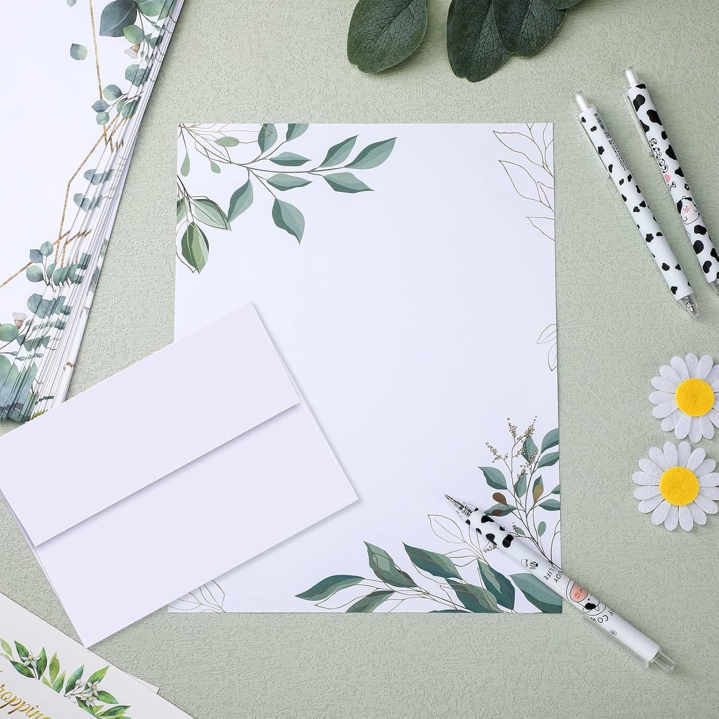 Teling 48 Sheets Decorative Printer Paper Writing Scrapbook Wedding Program Paper 8.27 x 10.6 Inches Greenery Flower Border Writing for Drawing Office Thank Greeting Stationery Supplies(Eucalyptus)