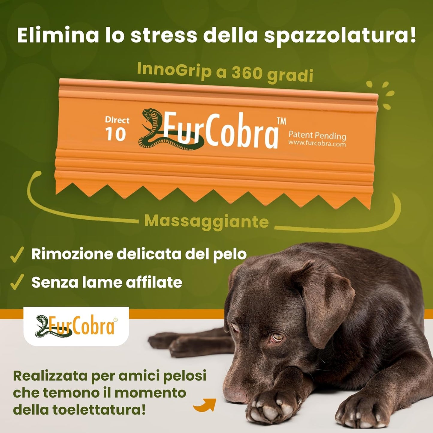 FurCobra Direct 10 Pet Grooming Brush 9cm - Gentle, No Metal Blades Brush Cats and Dogs - Portable, Easy to Use, Carder for Dogs and Cats