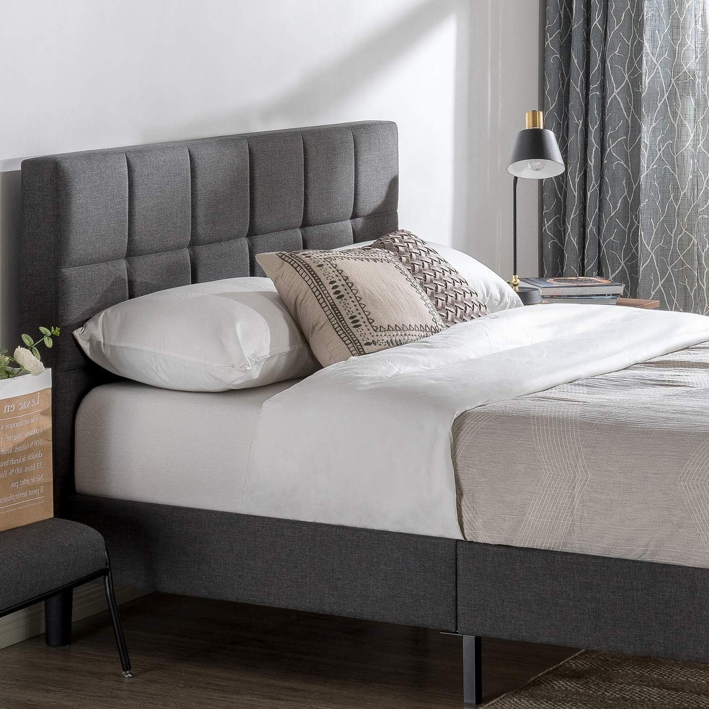 Zinus Queen Bed Frame - Square Upholstered Platform Bed Frame with Full-Sized Headboard - Wood Slat Support, Easy Assembly, No Box Spring Needed, Underbed Storage Space, Grey, Queen Size
