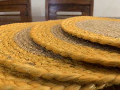 Nature4u 100% Jute Hand Braided Placemat Set of 6 Rustic Vintage Farmhouse Table top & Dining Table Round Placemat for Parties (14” Diameter, Natural /Ochre) Set of 6